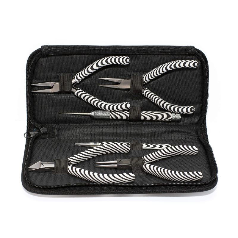 6-Piece Zebra Pattern Jewelry Tool Kit – Stylish Pliers Set with Travel Pouch for Beading & Wire Work