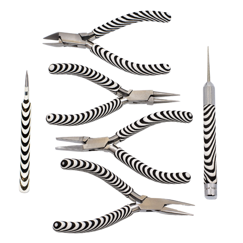6-Piece Zebra Pattern Jewelry Tool Kit – Stylish Pliers Set with Travel Pouch for Beading & Wire Work