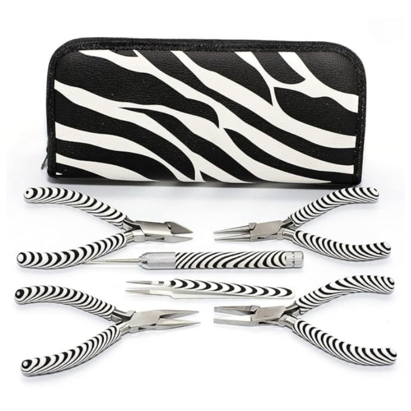 6-Piece Zebra Pattern Jewelry Tool Kit – Stylish Pliers Set with Travel Pouch for Beading & Wire Work